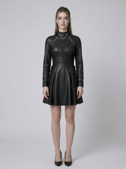 Full length front view of black leather mini dress with high neck collar, studded long sleeves, lace up front and gothic skater silhouette - Rizwards Leather