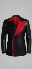 Black men’s leather blazer styled with red faux leather accents