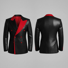 Red faux leather blazer detailing on black men’s leather blazer