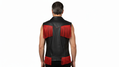Men’s Black PU Leather Fringe Vest – Bold Red Fringe Design