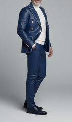 Men's tailored blue faux leather blazer with decorative trim