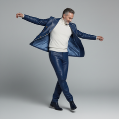 Modern blue faux leather suit jacket for men