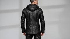 Men’s Black Hooded Lace-Up Leather Jacket – Modern Gothic Statement Outerwear