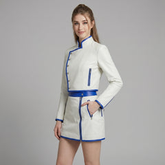 Leather Jacket, Women's White Genuine Leather Racer Style, Blue Trim Mini Skirt Set, Handmade Custom Fit