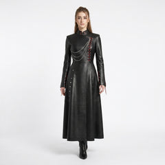 Womenโs black leather asymmetrical long coat with gothic stand collar, chain detail, red lace up accents, and full length maxi silhouette - Rizwards Leather