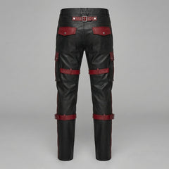 Men's Black Leather Cargo Pants | Genuine Leather with Red Accents