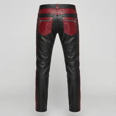 Men's Black Leather Pants | Genuine Leather with Red Panels