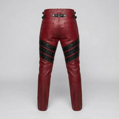 Men's Red Genuine Leather Pants with Black Studded Panels