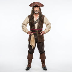 Men’s pirate leather costume set front view with tricorn hat, vest, shirt, pants and boots for LARP cosplay - Rizwards Leather