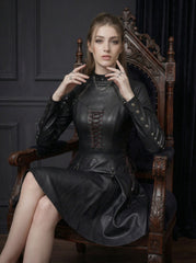Women’s black leather party dress with lace up front corset, chain collar, studded long sleeves and edgy gothic punk mini dress design - Rizwards Leather