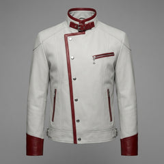 White Red Leather Jacket, Men's Genuine Leather Cyberpunk Racing Jacket