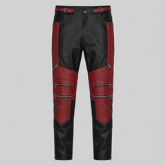 Men's Black & Red Genuine Leather Cyberpunk Pants | Biker Trousers