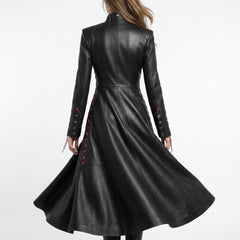 Womenโs black leather maxi coat with dramatic flared skirt, fitted back, long sleeves, and gothic full length coat design - Rizwards Leather