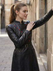 Side view black leather long coat women gothic Victorian military coat with fitted sleeves - Rizwards Leather