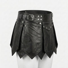 Black leather kilt product view showing back waist, rivets, side buckles and medieval cosplay styling - Rizwards Leather