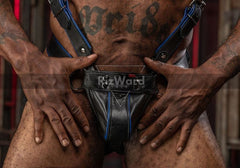 Close-up of sexy jocktstrap bondage-Crafted for those who command attention, this bdsm chest harness and leather jockstrap set is pure alpha energy. Designed in durable leather with bold buckles and blue accents, it elevates your game at parties or private play.