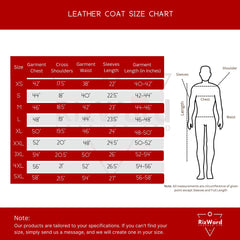 Leather coat size chart with measurements and a diagram of a person on a red background.