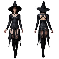 Black Leather Witch Costume - Gothic Long Sleeve Sexy Bodysuit Dress - Seductive Halloween Costumes - Naughty Cosplay Roleplay Costume