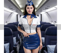 Seductive Leather Airhostess Erotic Costume - Sexy Air Hostess Costume for Role Play Cosplay - Erotic Flight Outfit - Crop Top with Skirt