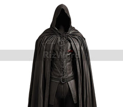 Handmade Leather Hooded Fantasy Cloak - Black Leather Medieval Cloak with Vest - Leather Cape Costume For Cosplay - Hooded Viking Cloak Gift