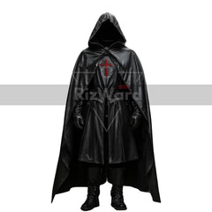 Handmade Black Leather Medieval Hooded Cloak - Leather Knight Cloak with Suit Cosplay - Leather Templar Armour Costume - Renaissance Cloak
