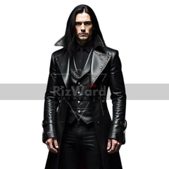 Genuine Leather Gothic Long Coat Trench Coat with Red Lining for Victorian Cosplay Black Leather Vampire Coat Steampunk