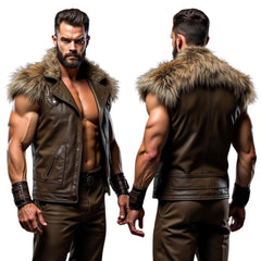 Genuine Leather Hunter Vest - Viking Warrior Fur Collar Jacket - Custom Cosplay Costume Jacket - Superhero Vest - LARP Sleeveless Fur Vest