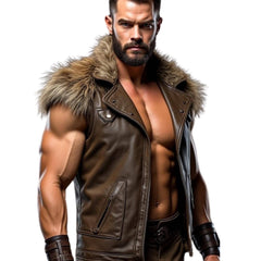 Genuine Leather Hunter Vest - Viking Warrior Fur Collar Jacket - Custom Cosplay Costume Jacket - Superhero Vest - LARP Sleeveless Fur Vest