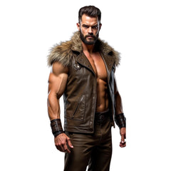 Genuine Leather Hunter Vest - Viking Warrior Fur Collar Jacket - Custom Cosplay Costume Jacket - Superhero Vest - LARP Sleeveless Fur Vest