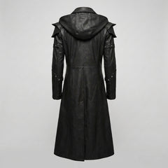 Back view of black hooded leather trench coat with long duster length, genuine leather finish, and gothic cosplay coat details. - Rizwards Leather