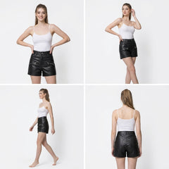 Women’s black leather shorts outfit collage showing front side and back views with high waist moto style - Rizwards Leather