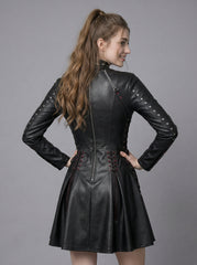 Back view gothic black leather dress with fitted waist, long sleeves, flared mini skirt, zipper closure and studded punk leather details - Rizwards Leather