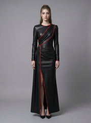 Black leather dress with red trim, long sleeves, asymmetrical draped front, fitted waist, and floor length gothic evening gown style - Rizwards Leather