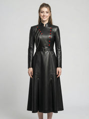 Front view black leather long coat women gothic military coat with red buttons and fitted waist - Rizwards Leather