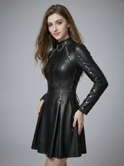 Side angle black leather mini dress for women with lace up corset front, chain collar, long sleeves, fitted waist and punk gothic style - Rizwards Leather