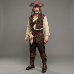 Men’s pirate cosplay costume angled view with leather vest, cotton pirate shirt, pants, belts and tricorn hat - Rizwards Leather