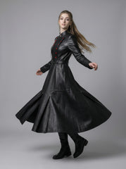 Women black leather maxi coat gothic Victorian military flared long coat with belt and chain detail - Rizwards Leather