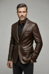 Men’s brown faux leather blazer with quilted shoulders and collar