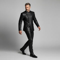 Men’s Black Asymmetrical Leather Button Jacket – Modern Statement Outerwear