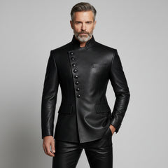 Men’s Black Asymmetrical Leather Button Jacket – Modern Statement Outerwear