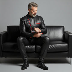 Men’s Black Leather Statement Jacket – Luxury Red Button Outerwear