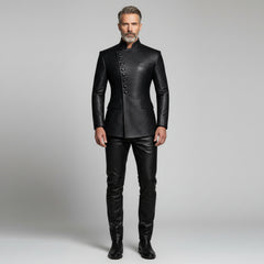 Men’s Black Asymmetrical Leather Button Jacket – Modern Statement Outerwear