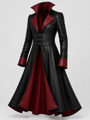 Black red gothic leather trench coat women with high collar buckle front and flared vampire duster style - Rizwards Leather