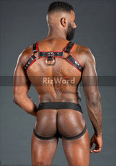 Back profile view of a BDSM suspension harness designed for secure support-Turn up the tension with a red-piped bdsm chest harness and body-hugging jockstrap bondage piece. Built for stamina and sweat.