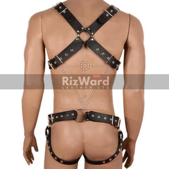 Back view of faux leather BDSM chest harness for men featuring central O-ring and adjustable horizontal straps