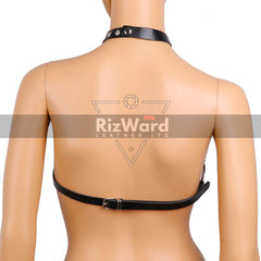 Back view of leather harness bra with adjustable bondage straps