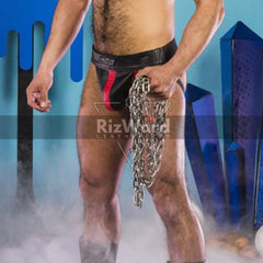 Close-up of leather jockstrap with adjustable waist detail and contrast red piping.