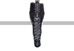 a person wearing a leather sleep sack with laces