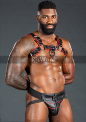 Side profile of a BDSM suspension harness-Our rugged mens sex harness paired with structured leather jock support brings both control and crave-worthy kink. Be seen. Be desired.