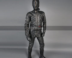 front view man wearing leather bondage jumpsuit